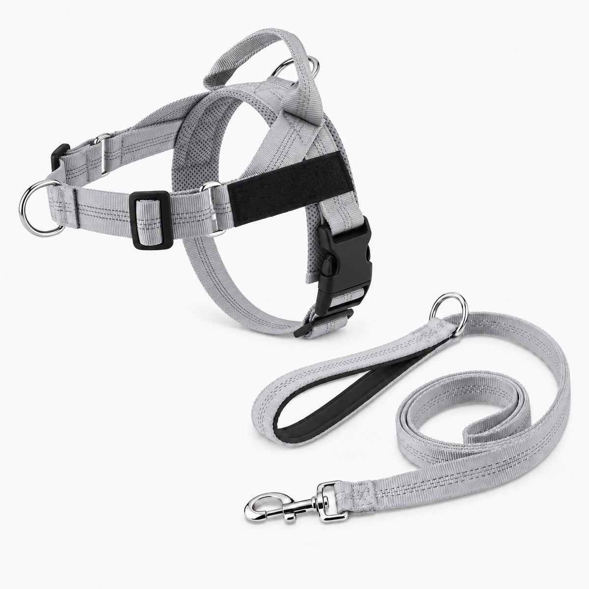 Harnais anti-traction chien gris avec laisse assortie